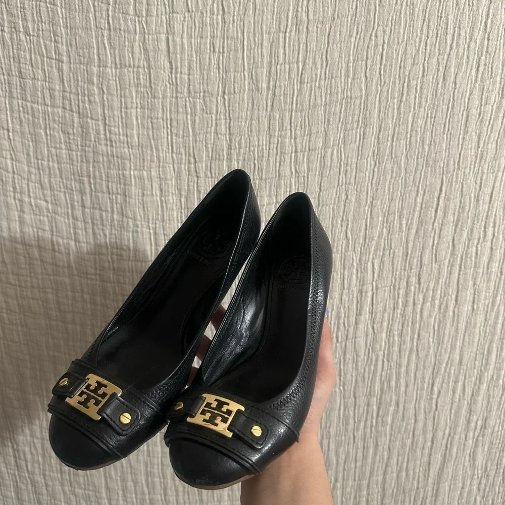 Tory Burch Black Flats with Gold Detailing